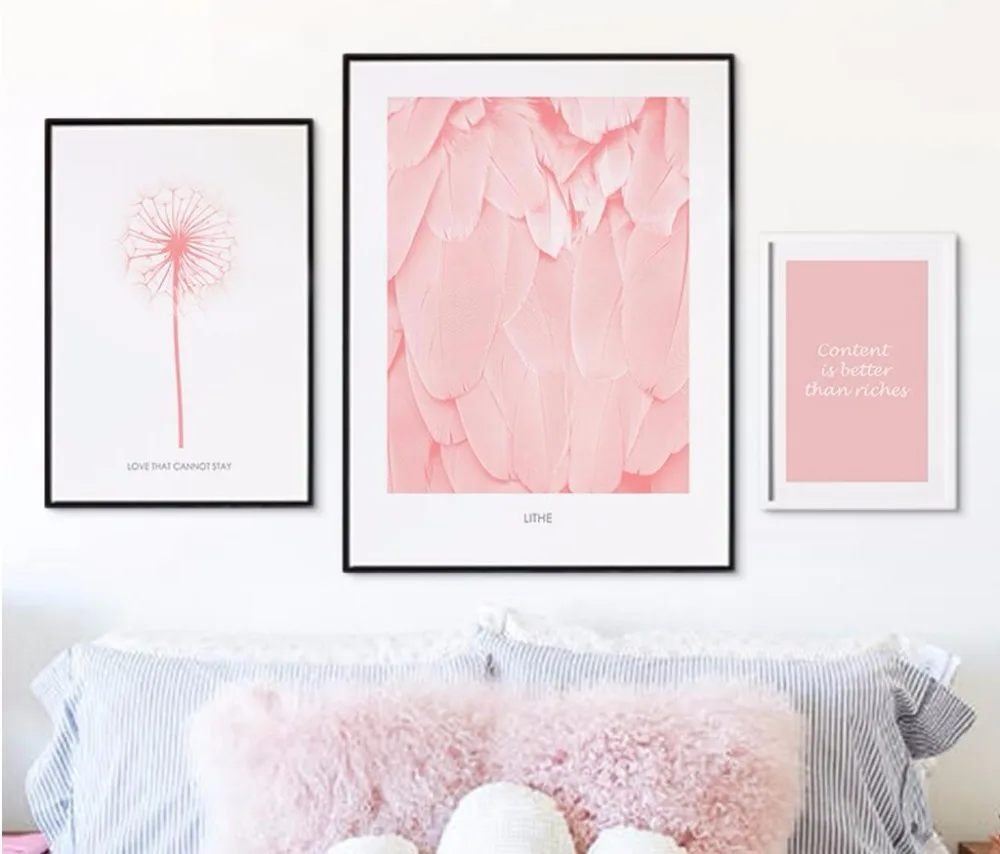 

2017 New Posters And Prints Wall Canvas Painting Photo For Living Room Nordic Pink Love Feather Home Decoration 643