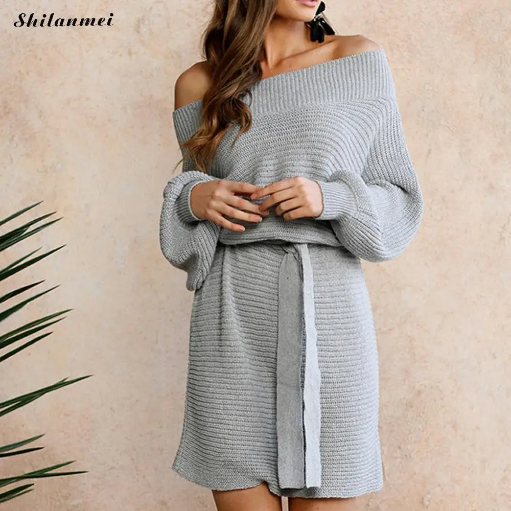 

Sexy Off Shoulder Knitting Sweater Dresses Women Elegant Sash Short Dress Oversized Causal Lantern Sleeve Autumn Winter Dresses