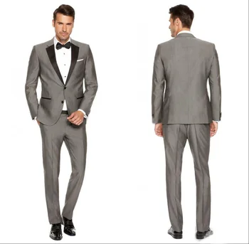 

2019 Customs Grey Mens Suits Black Lapel Slim Fit Wedding Suits for men / Groomsmen Prom Casual Suits (Jacket+Pants+Vest) blazer