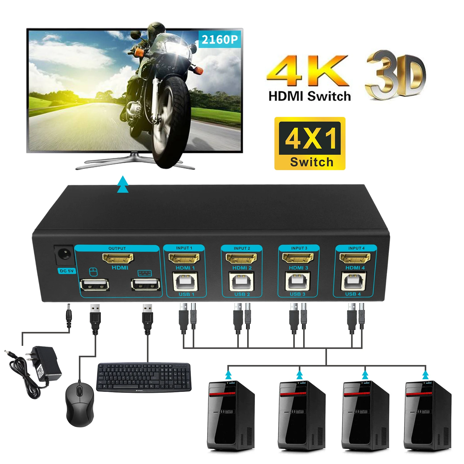 Переключатель SGEYR USB HDMI KVM 4 порта 4K сплиттер Поддержка мышка клавиатура