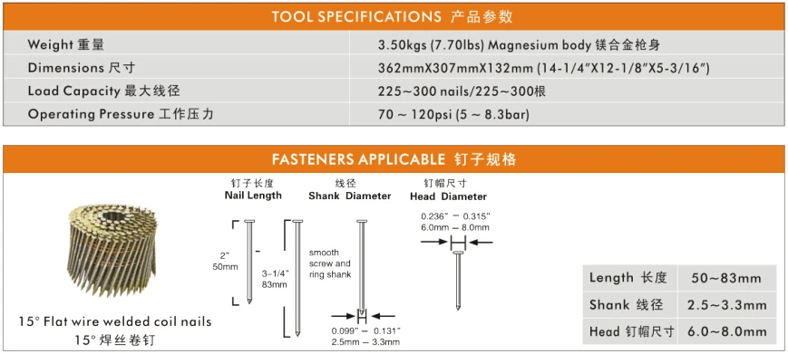 225-300 шт гвоздь грузоподъемность пневматическая катушка гвоздь пистолет Электроинструмент с 60-100PSI(4-7bar) строительный гвоздь пистолет