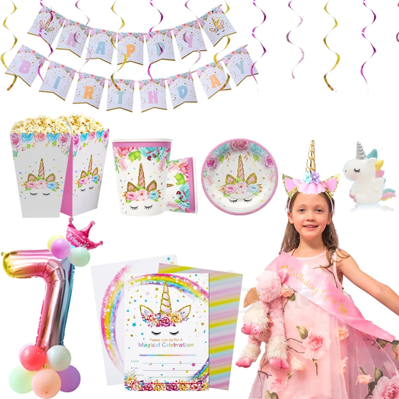 

Unicorn party Invitation card Kids birthday 0-9 Number ballons unicorn disposable tableware Babyshower Unicorn decoration supply