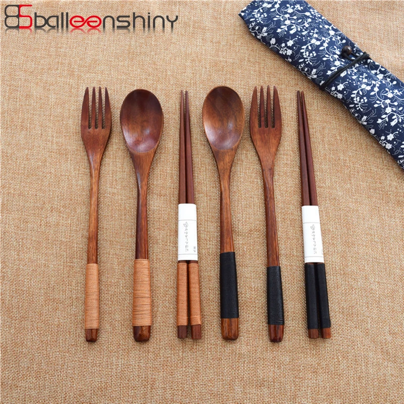 

BalleenShiny 3pc/set Nature Wood Dinnerware Set Eco-Friendly Tableware Set Wrapped Wire Handmade Japan Style Kitchen Accessories