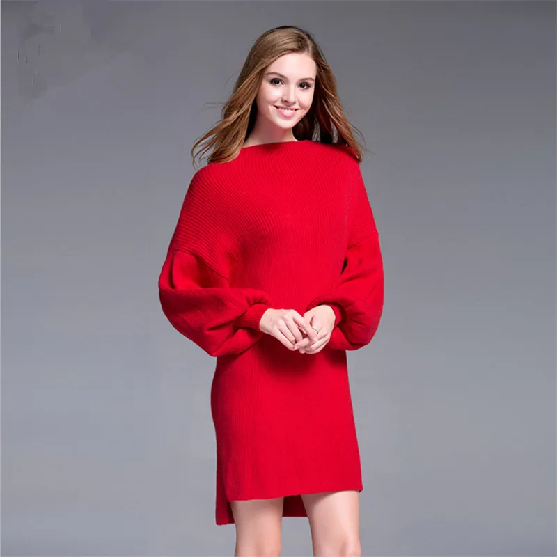 Women Sweater Dress Fashion Slash Neck Lantern Sleeve Dresses Female XL