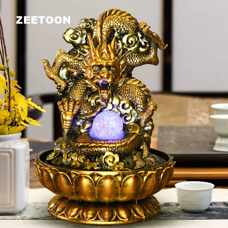 

110V-220V Creative Dragon / Buddha Decor Resin Water Fountain Feng Shui Wheel Crystal Humidifier Waterscape Ornament Crafts Art