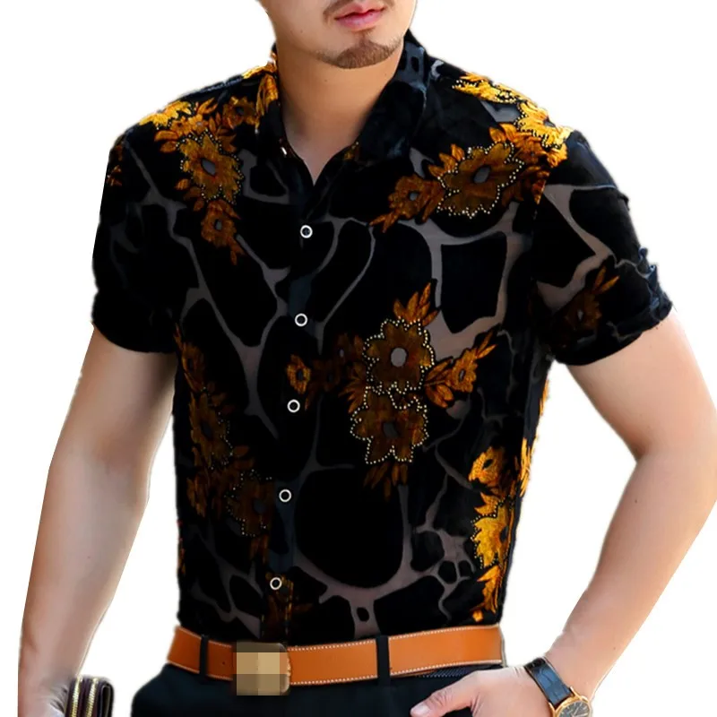 Летняя мужская рубашка с коротким рукавом, модная, отложной воротник, шелковая, с вышивкой, бархатная Мужская рубашка, облегающая, открытая, Blusas Masculina