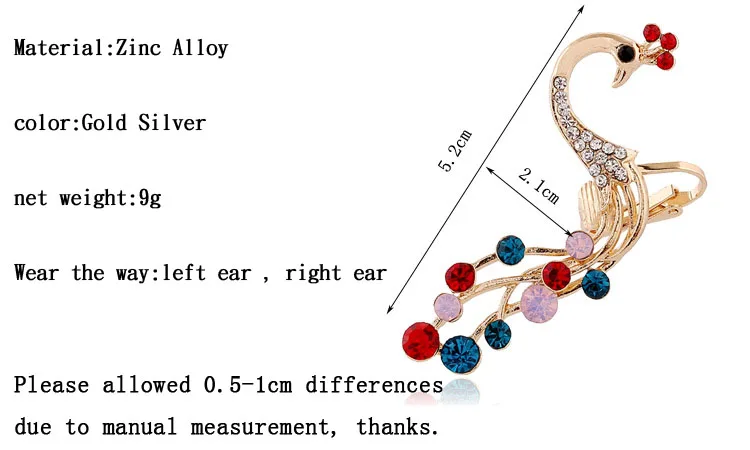 Серьги в виде животных, Изысканный красочный кристаллы Павлин, каффы для ушей, модные, богемные, полностью Стразы, каффы для ушей, женские, подарок, клипсы