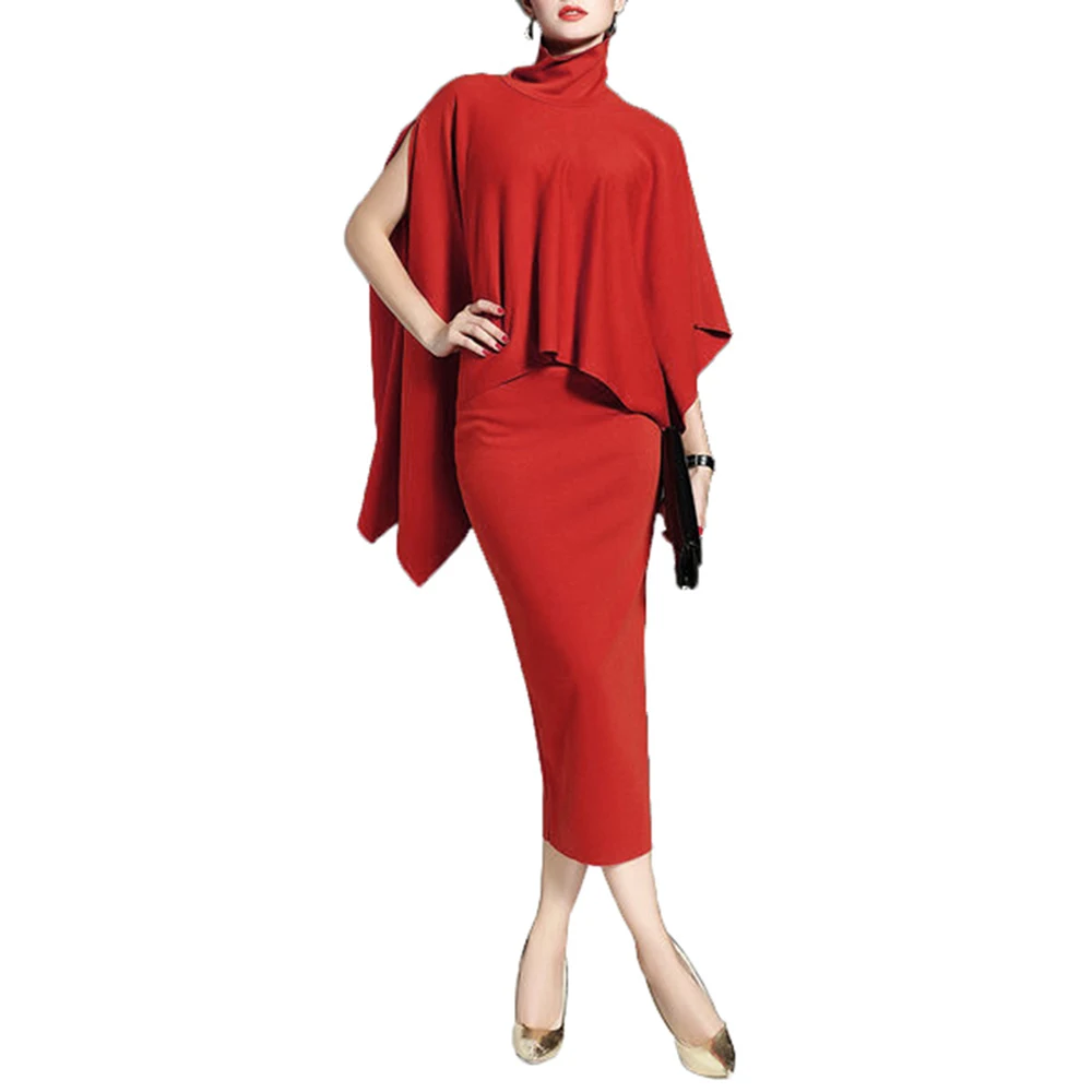 

New Women Elegant High Neck Asymmetric Cloak Tops Pencil Slim Skirts Dress Two Pieces