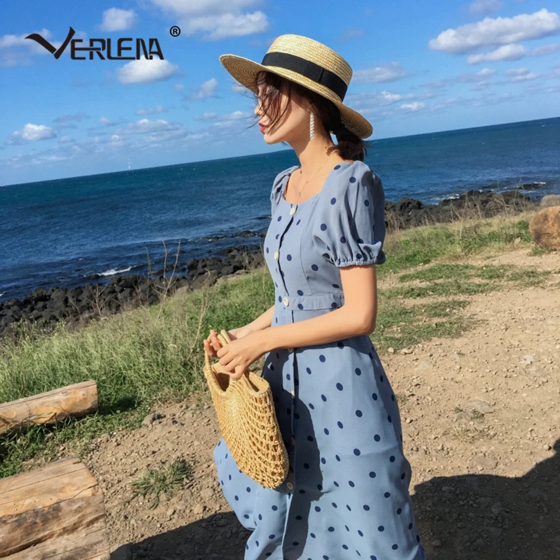 Verlena Винтаж крупный горох печати голубое летнее платье для женщин 2019 пуговицы с