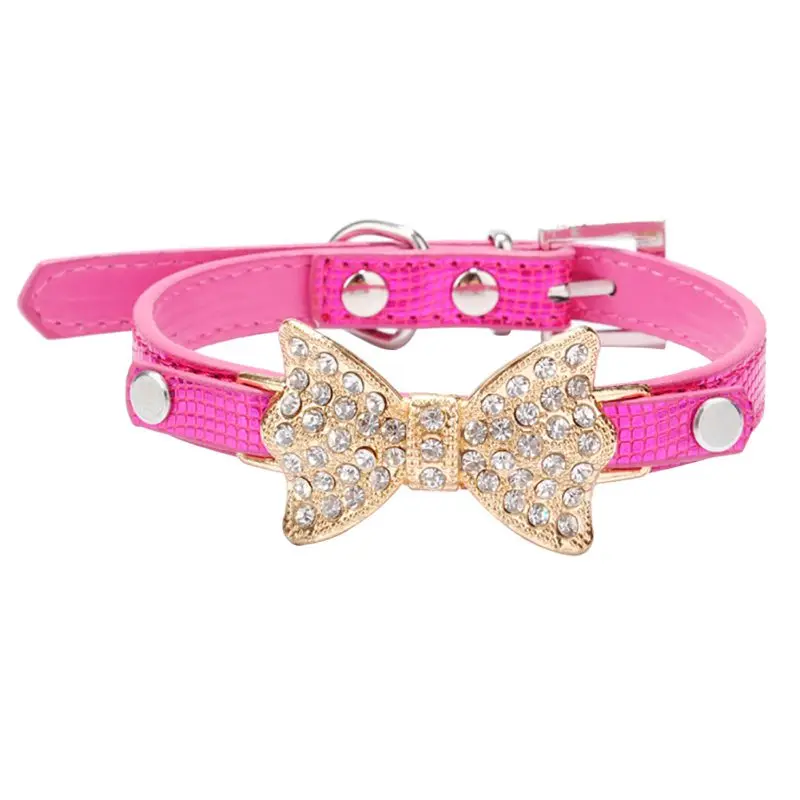 

Puppy Dogs Collar Bell Bowknot Alloy Button PU Leather Rhinestone Cat Supply Collars Pet Neck Strap Hot Selling