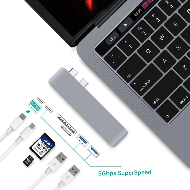 EASYA Thunderbolt 3 адаптер двойной usb type C Узловая док-станция к USB 3,0 TF/SD кардридер PD данных для MacBook Pro/Air USB-C