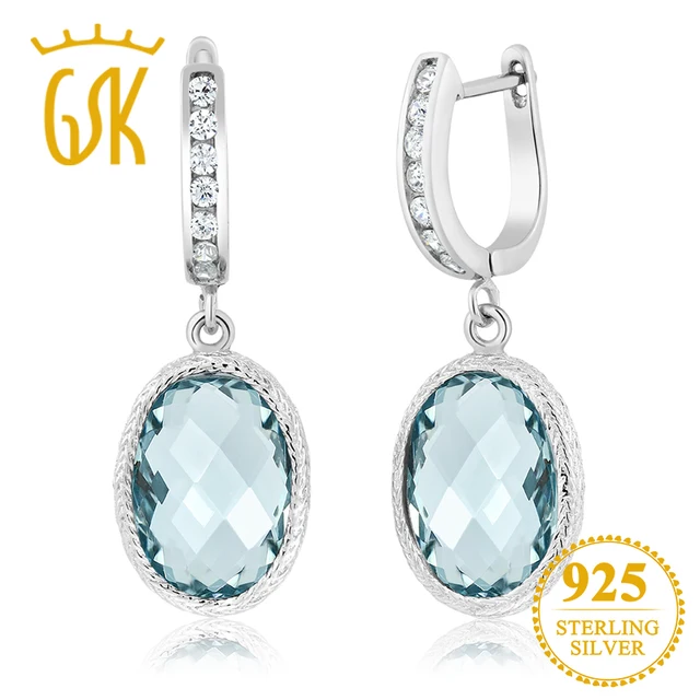 Gemstoneking 925 Sterling Silver Fine Earrings For Women Stunning Gemstoneking 925 Sterling Silver Fine Earrings For Women Stunning Oval Checkerboard Simulated Aquamarine Drop