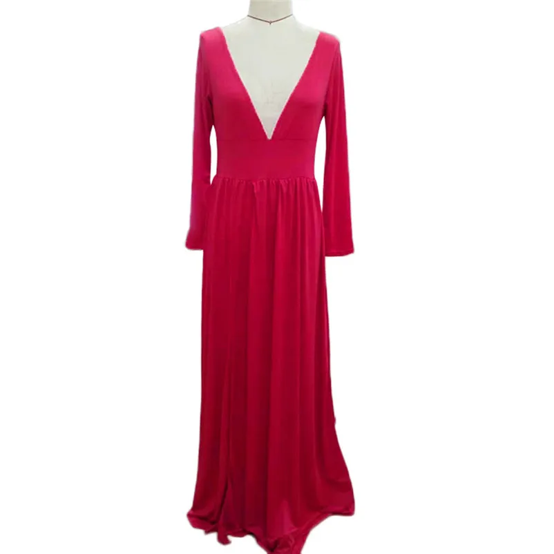 Women's Long Sleeve Sexy V Neck Soild Sling Everying Party Long Dress Casual elegant High Quality dress New Arrival N16#N (11)