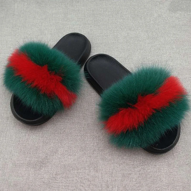 Real Fur Slippers Women Fox Home Fluffy Sliders Comfort With Feathers Furry Summer Flats Raccoon Ladies Shoes Large Size 45 Home