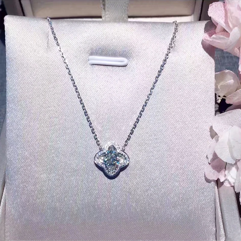 

ANI 18K White Gold (AU750) Pendant Necklace Certified 0.486 Carat I/VS Natural Diamond Clover Women Engagement Chain Necklace
