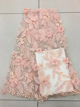 

1 yard peach pink 3d lace fabric with 3d Chiffon florals, French haute couture, Handmade heavy lace fabric with flowers