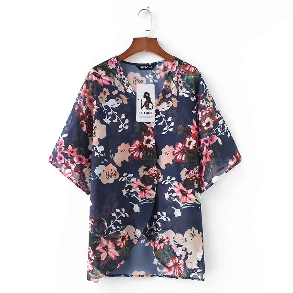 Женская блузка размера плюс, шифоновая, Цветочная, кимоно, свободная, половина рукава, шаль, принт, рубашки, кардиган, blusas mujer de moda, рубашка женс