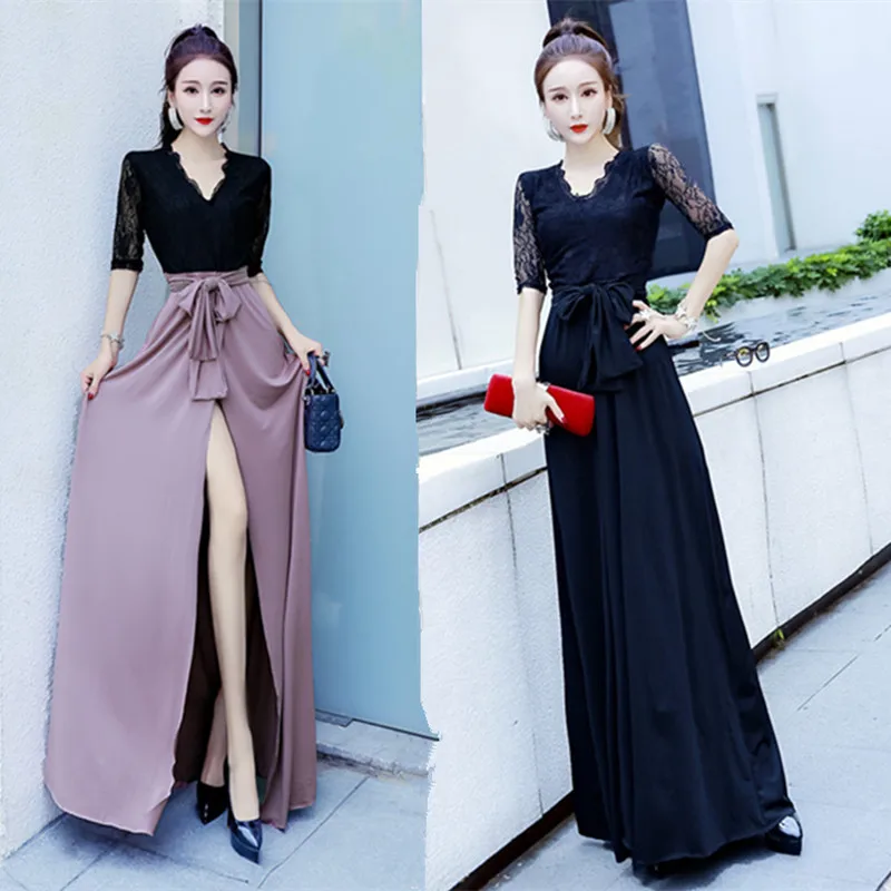 

2019 Spring New Arrival European Style Vintage V Neck Sexy Dress Ankle-Length Front Slit Lace Dress With Bow Tie Free Shipping