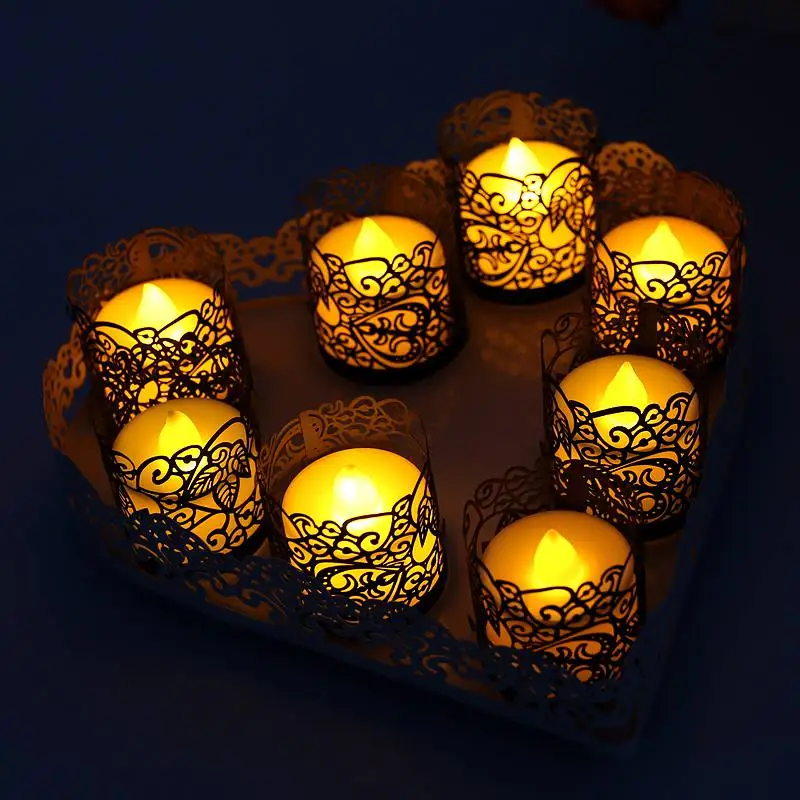 

New 12pc LED Tea Light Candles Realistic Battery-Powered Flameless Candles with Hollow Out Lampshades For Holiday Decorate