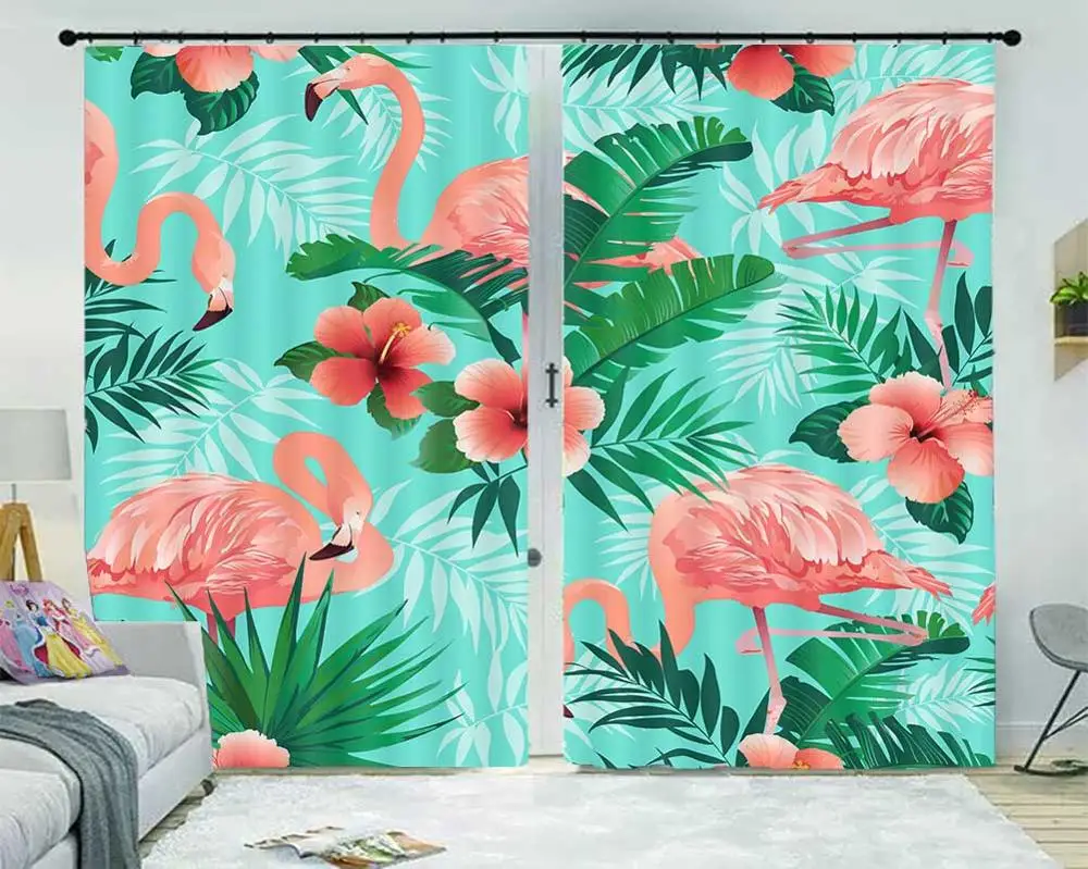 

Green plants flamingos 3D Curtains For Bedroom Kids Living Room Drapes Fabric Polyester Set with Hooks