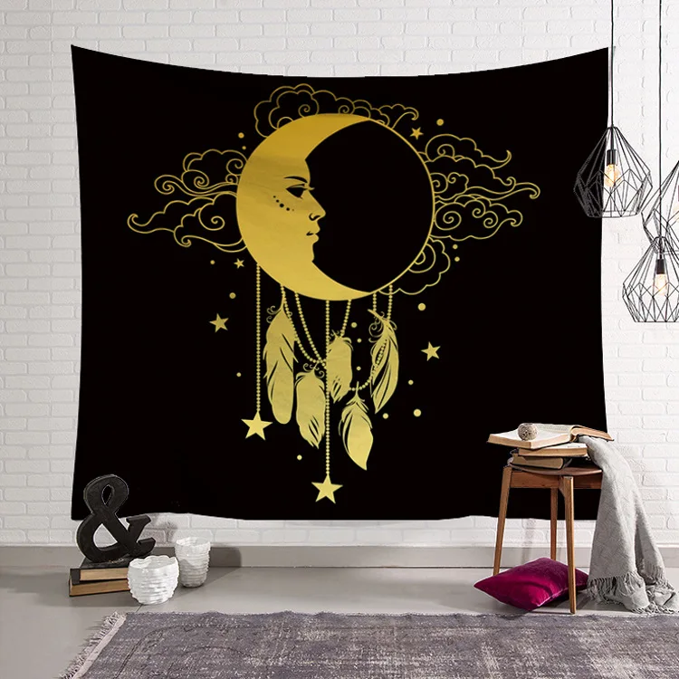 Golden Moon Sun Tapestry Fabric Decor Blanket Yoga Sleeping Mat Large150x130cm Beach Towel Carpet Psychedelic tapestry Wall Rug