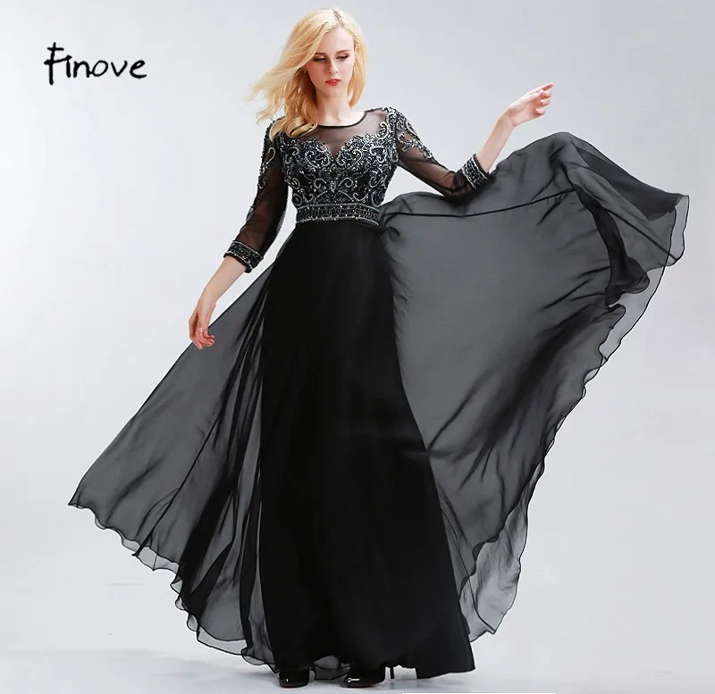 Finove, платья для матери невесты, рукав три четверти, vestido de festa, элегантное ТРАПЕЦИЕВИДНОЕ шифоновое длинное вечернее платье с бисером