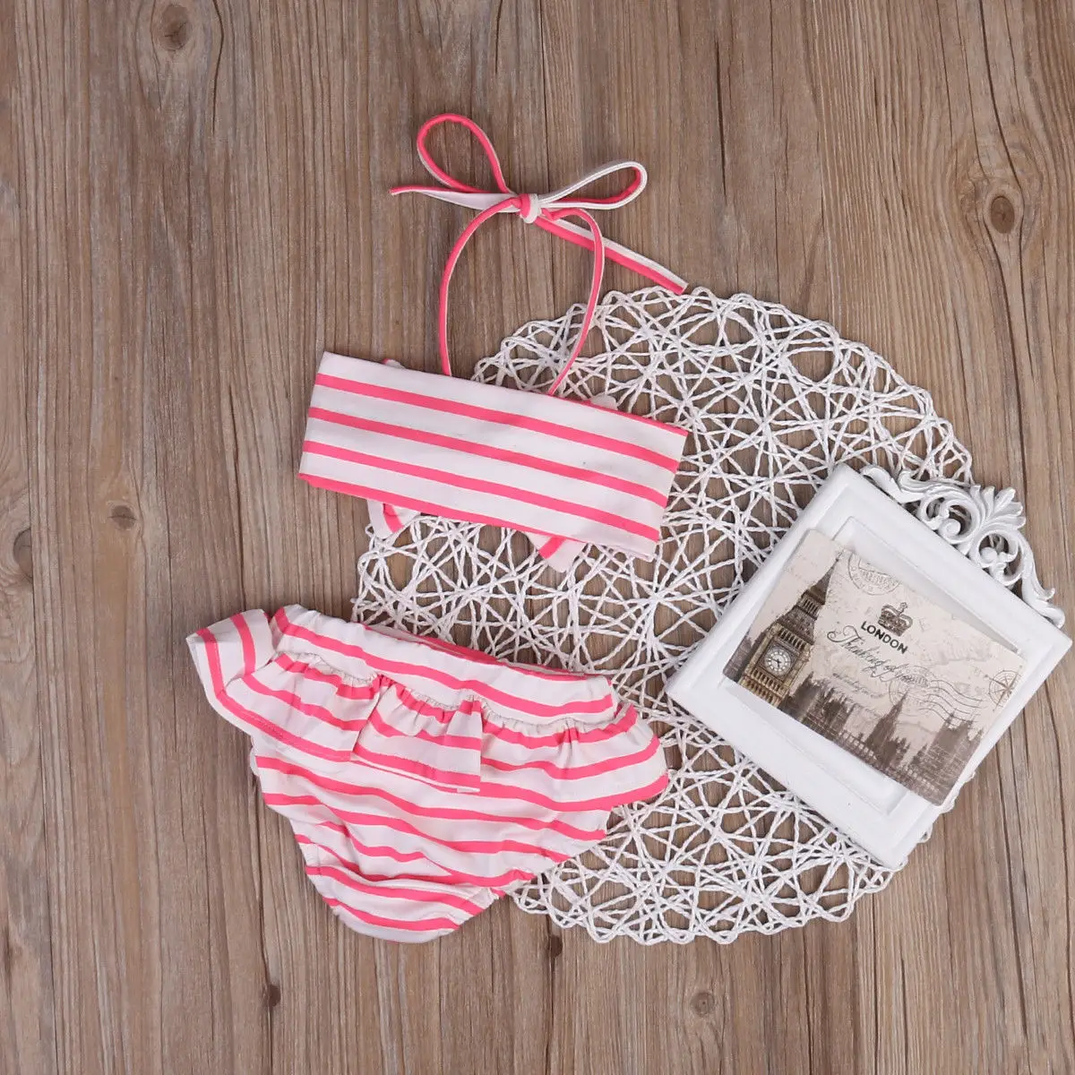 Лето 2017 Детский комплект розового бикини в полоску для маленьких девочек