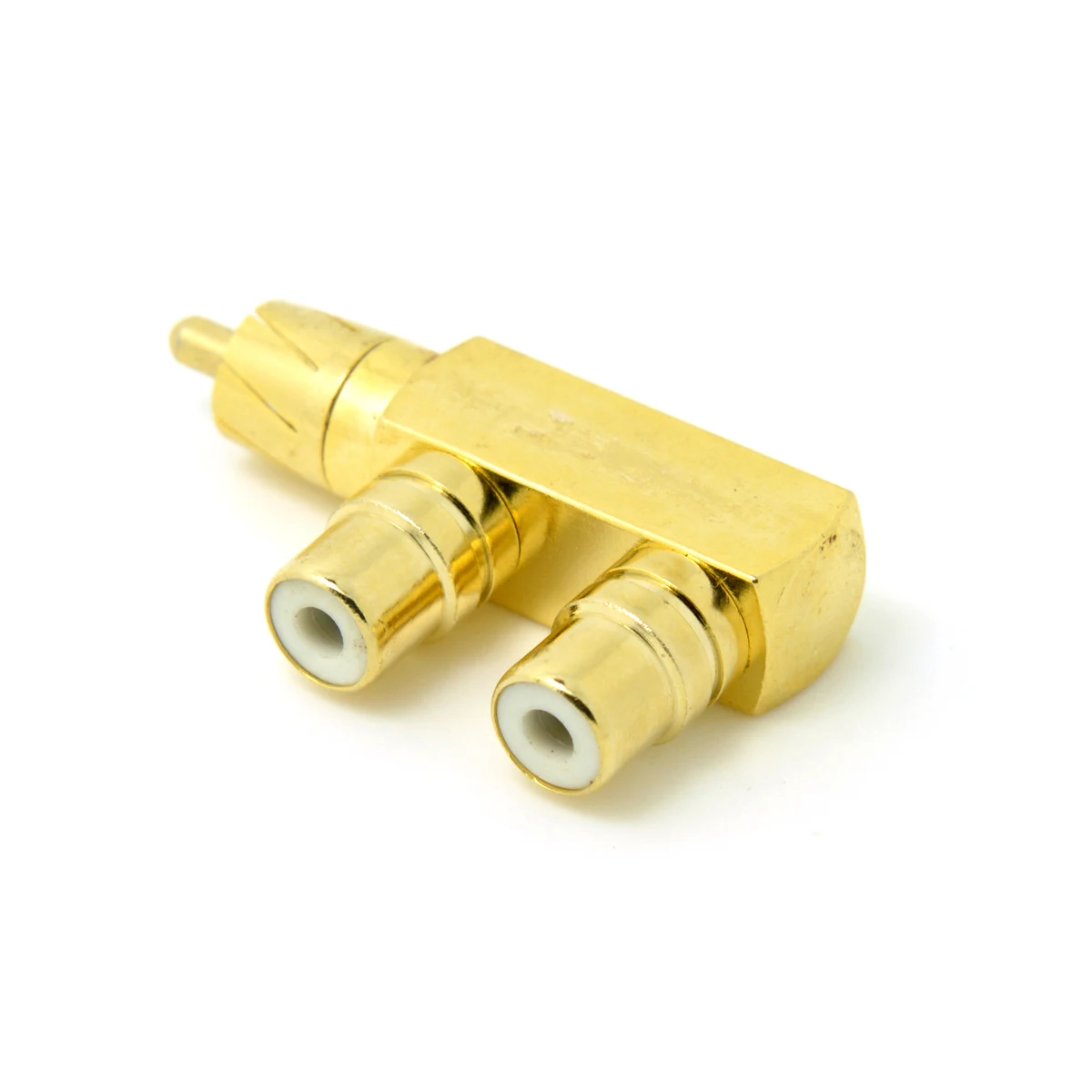 

CY Golden Color 90 Degree Angled RCA AV Audio Splitter Plug Adapter Male to Dual Female F type Extension