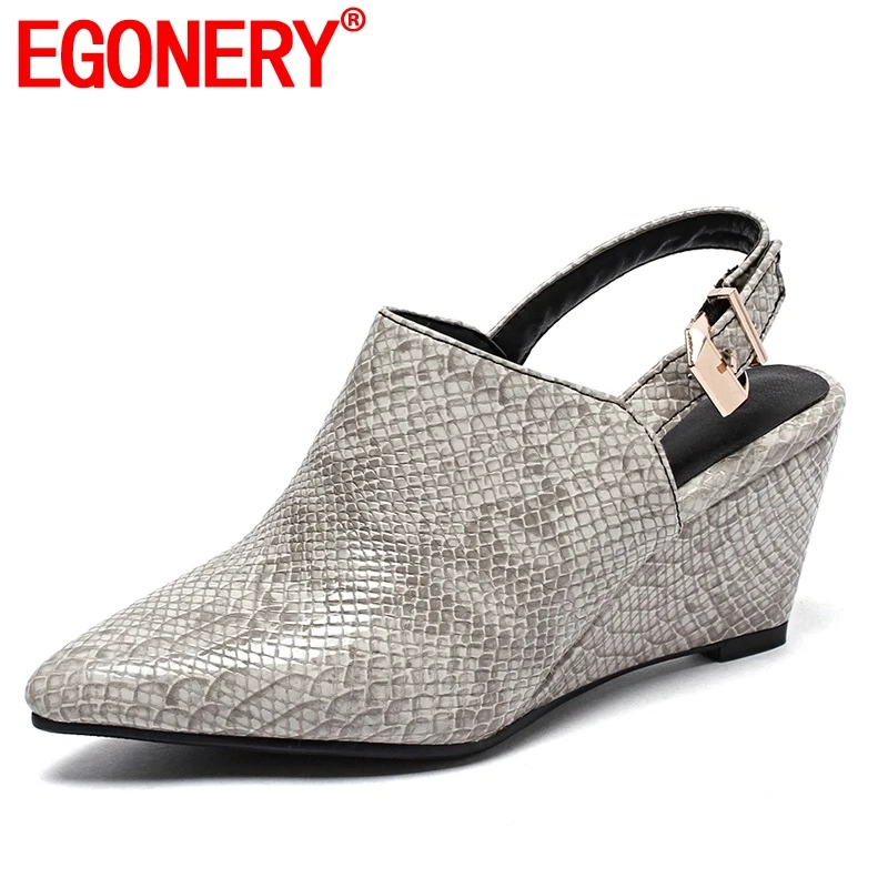 

EGONERY shoes woman 2019 spring hot sale new fashion pointed toe buckle woman pumps outside high wedges ladies shoes size 33-43