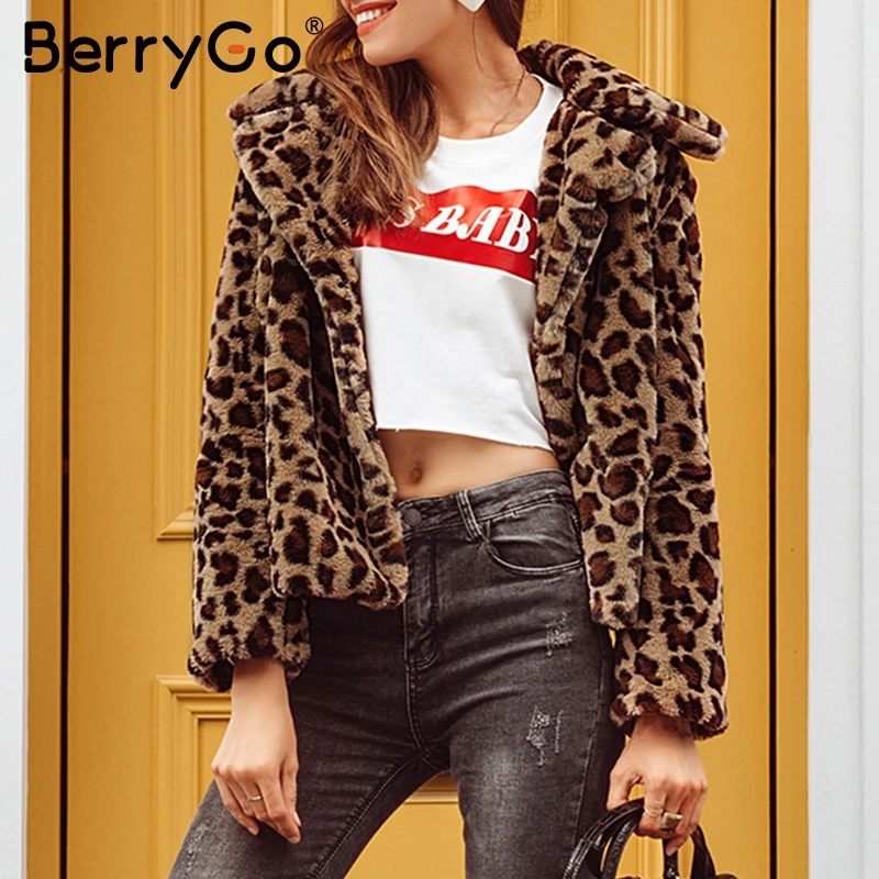 BerryGo элегантный Леопардовый из искусственного меха зимняя куртка Для женщин 2018