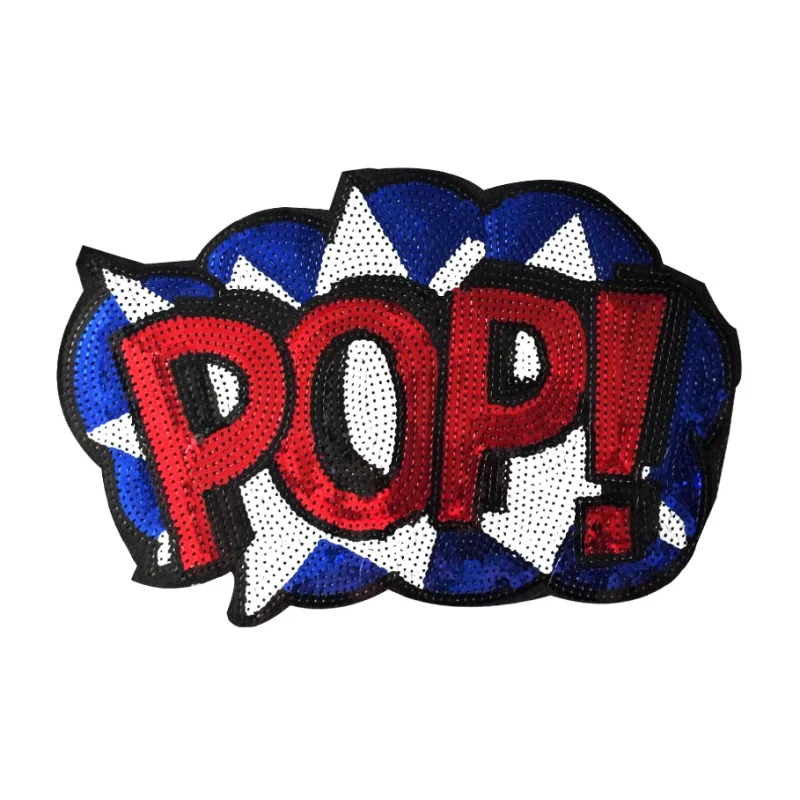 

Embroidery Sequins Patches Clothing 1Pcs Wow Pop Letters Iron On Patches Punk Motif Applique DIY Cloth Accessory Stickers