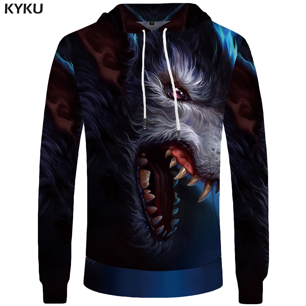 KYKU Wolf Hoodies Men Funny Sweatshirt Animal Big Size Casual Hoddie