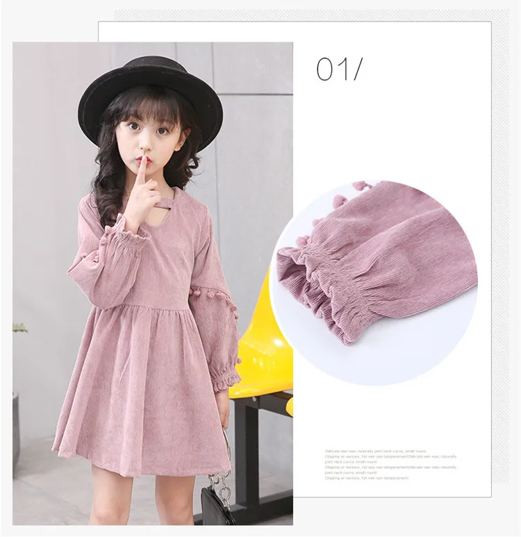 2017 New Autumn Vintage Style Baby Girl Velvet Dress Bowknot Lantern Sleeve Winter Kids Corduroy Pompoms Dresses for Girls (18)