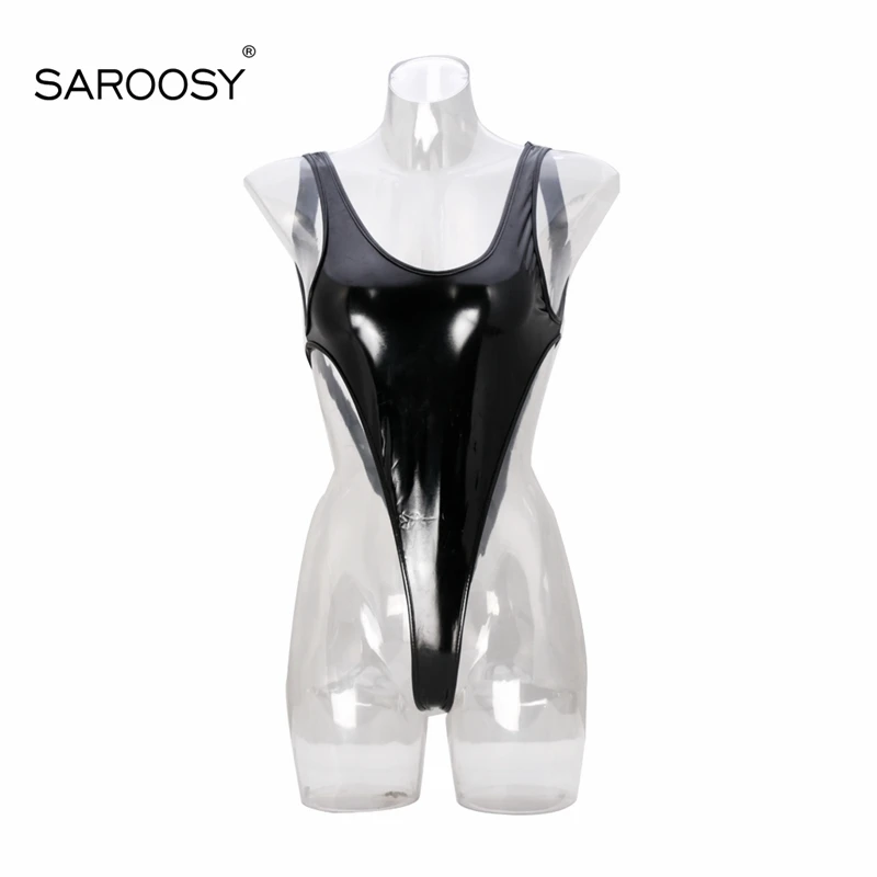2017 New Muticolor Sexy Lingeire PU Leather Gloosy Wet Look High Cut Bodysuit for Women String Crotch