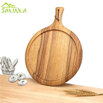 

Round Zebrawood Wood Pizza Bread Baking Tray Fruit Chopping Board with Handle Pizza Salad Plate Multi-Use Cutting Board