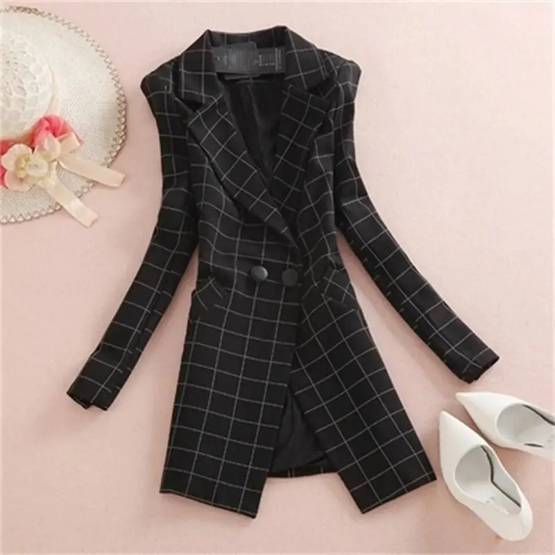 Plaid Blazers female jacket women coat New Long ladies small suit long sleeve casual OL plaid small suit jacket women Blazer