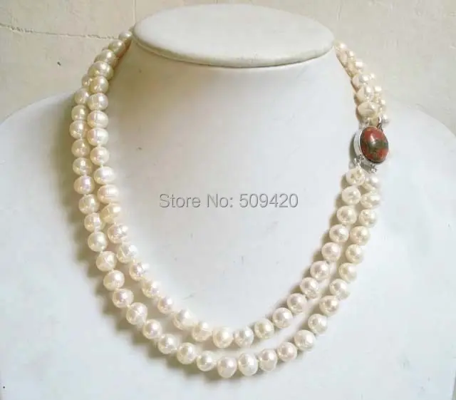 

Free Shipping >>>>>white freshwater pearl 2 strands baroque beads necklace unakite clasp