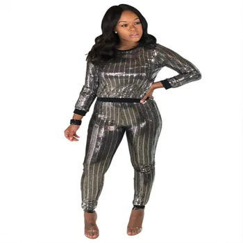 

Autumn Winter Women Sexy 2 Piece Set Sequined Long Sleeve T Shirt Top and Long Pants Club Tracksuit Clothes