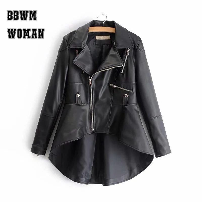 White Black Apricot Lapel Irregular Women Pu Jacket Zipper Young...