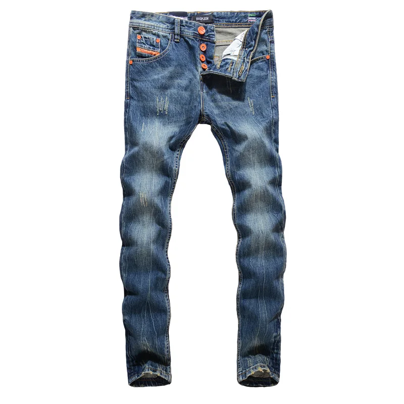 Fashion Designer Men Jeans Orange Stripe Vintage Straight Fit Cotton Denim Pants hombre Streetwear Classical Buttons Jeans Men
