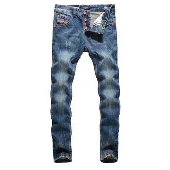 

Fashion Designer Men Jeans Orange Stripe Vintage Straight Fit Cotton Denim Pants hombre Streetwear Classical Buttons Jeans Men