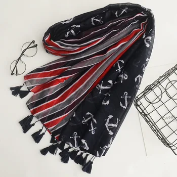 

New style European and American wind Navy red stripe coloured cotton and linen scarf pirate boat printing sun protection shawl.