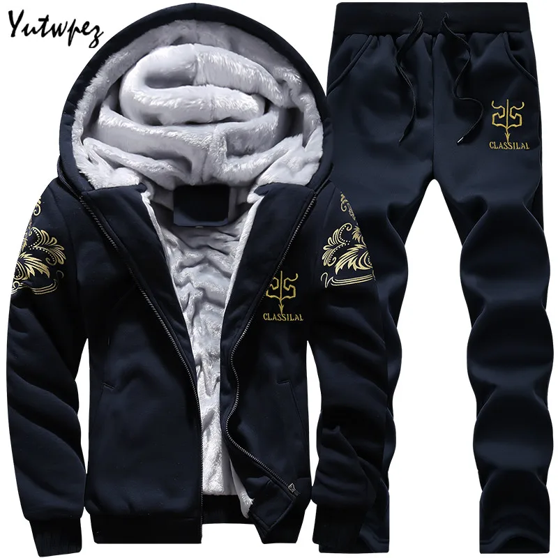 

2019 Thicken Men Tracksuit Set Cardigan Winter Fleece Hooded Men's Jacket+Pants Sweatshirts 2Piece Sets Hoodies Sporting Suit