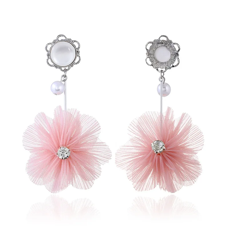 Elegant Fabric Lace Flower Earrings Shaped Charms Fringed Tassel Earrings