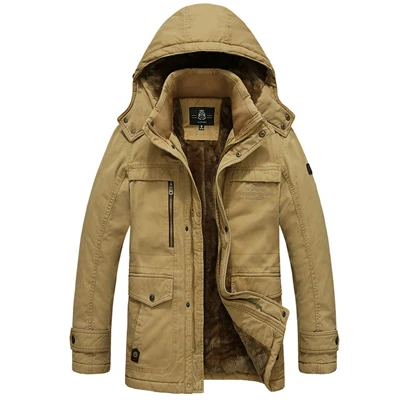 Брендовая зимняя куртка, Мужская куртка, Мужская парка, толстая теплая подкладка из шерсти, с капюшоном, с воротником, зимняя куртка для мужчин, пальто размера плюс M-5XL - Цвет: Хаки
