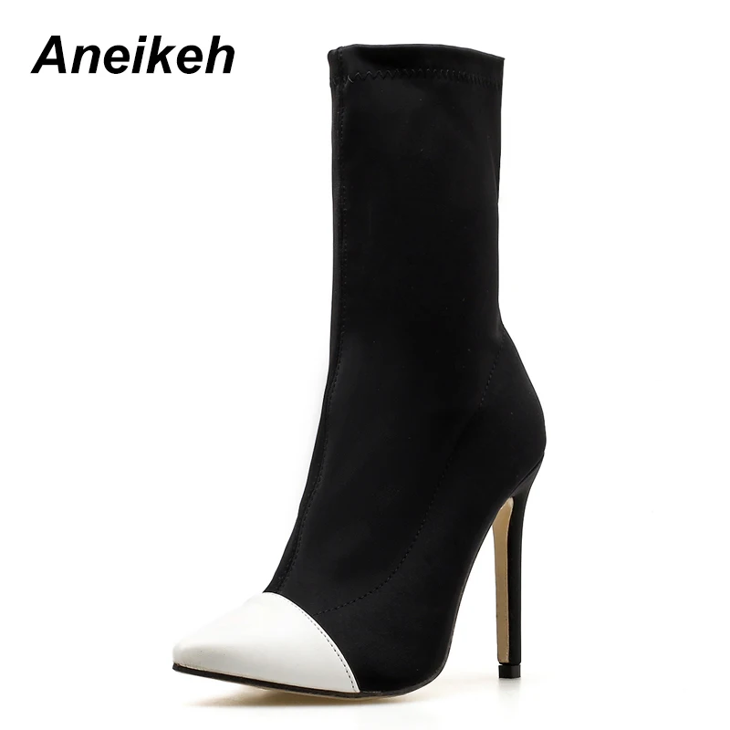 Aneikeh-осенние женские эластичные носки ботильоны на тонком каблуке без шнуровки модные пикантные ботинки «Челси» с острым носком - Цвет: white
