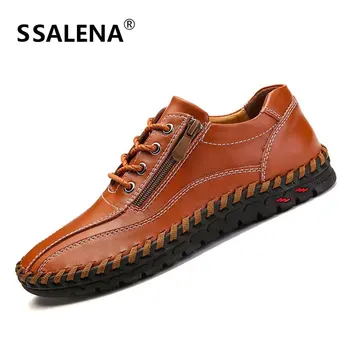 

Male Handmade Leather Casual Shoes Mens Lace Up Soft Flat Moccasins Wear-Resistant Breathable Zipper Shoes AA11587