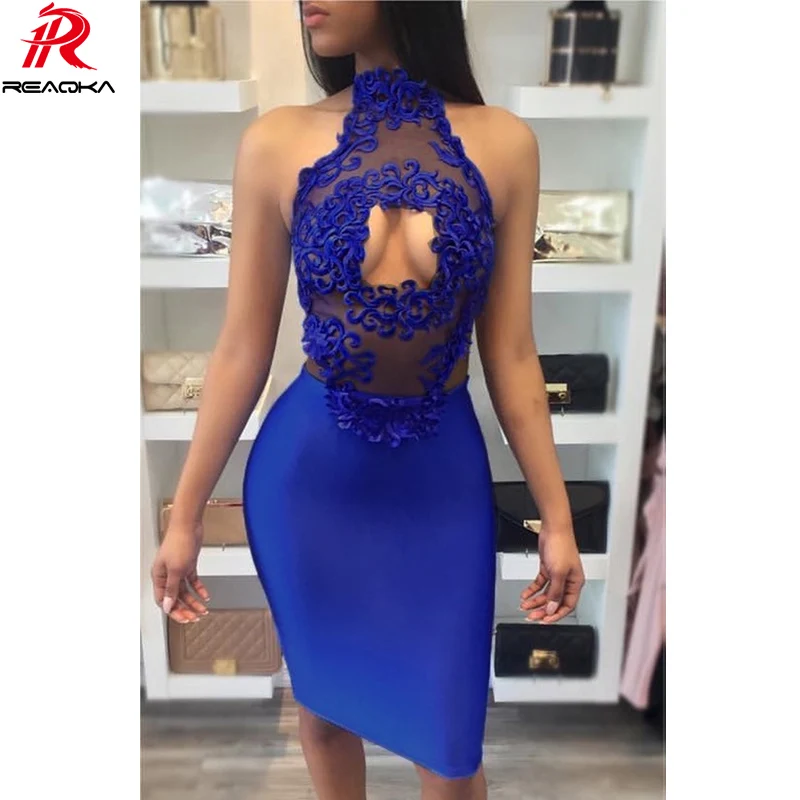 

Reaqka Sexy Summer Dress Women 2019 Vintage Party Dresses Club Wear Bodycon Evening Lace Hollow Sleeveless Off Shoulder Dress XL
