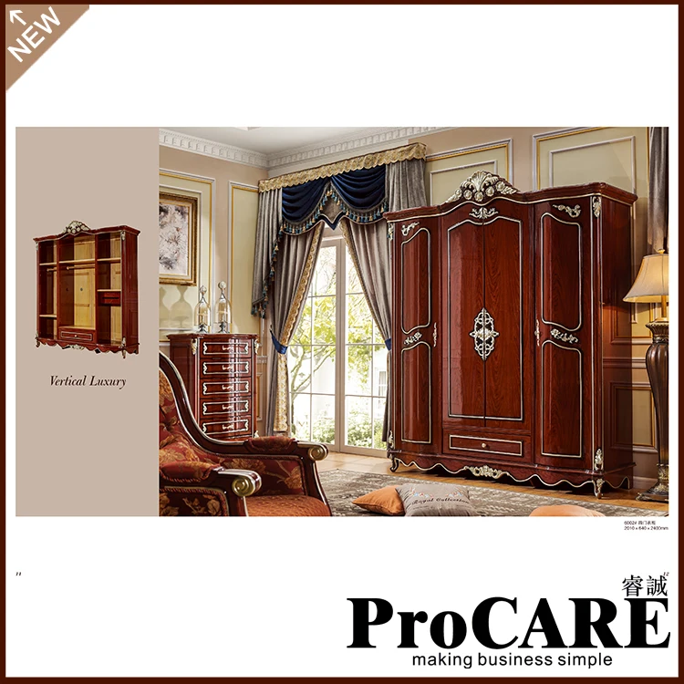 Foshan manufacture Luxury Antique Fancy Solid Wood Bedroom Wardrobe