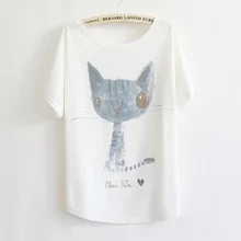 2017 Hot Sale European Style T-shirts Lovely Kitten Print T Shirt Batwing Sleeve Women’s T-shirt Loose Casual Big Size Fat Tops